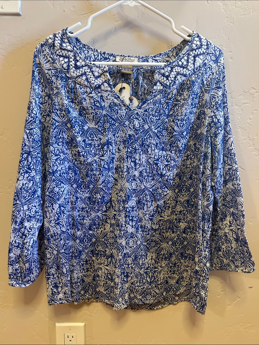 Lucky Brand Blue Tile-Print Embroidered Tunic